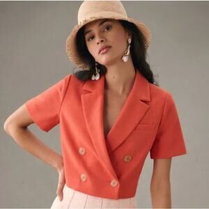 Anthropologie Maeve Cropped Short Sleeve Blazer Jacket Coral Orange 8‎